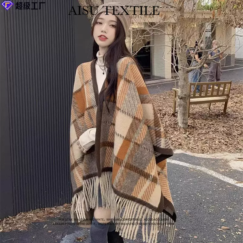 旅游披肩女新款围巾女格子围巾百搭空调房斗篷护肩颈毛毯女外搭