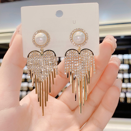 Light luxury, high-end European and American style, beaded full-diamond tassel earrings, S925 silver needle, delicate and sparkling, elegant drop earrings for women