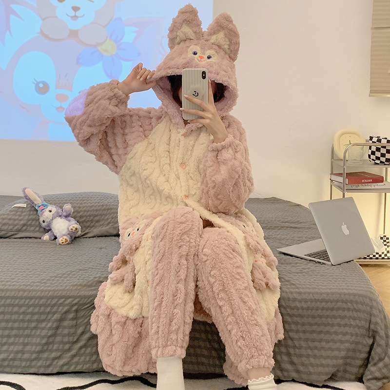 2024 pijamas de otoño e invierno camisón de franela para niñas engrosado forro polar de coral con capucha lindo traje de homewear image 4