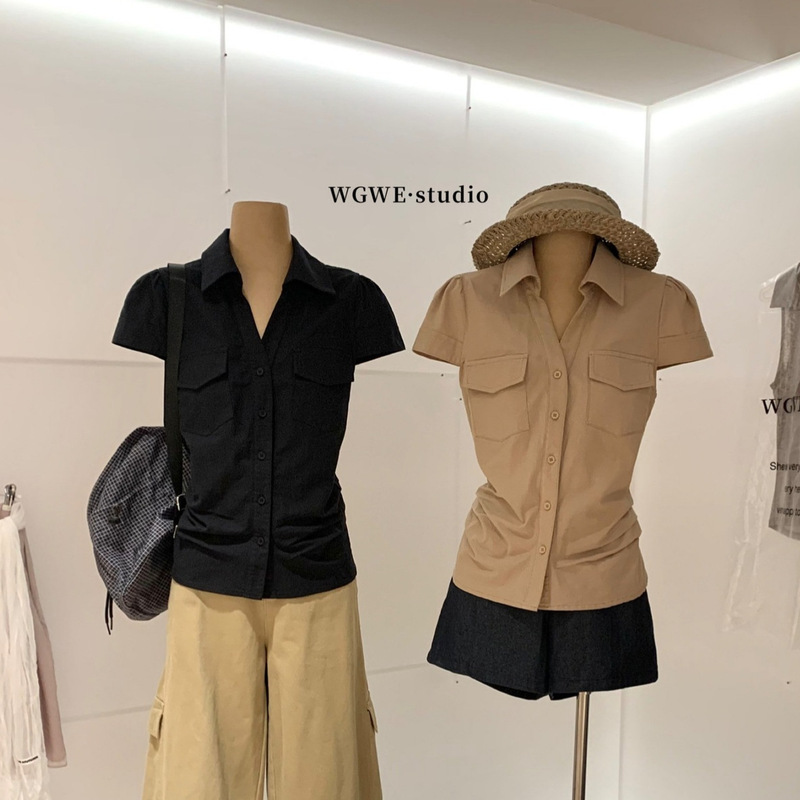 Wgwe2026 Summer Korean-Style Simple and Versatile Slim-Fit Design Waist-Cinching Lapel Short-Sleeve Shirt for Women W9959