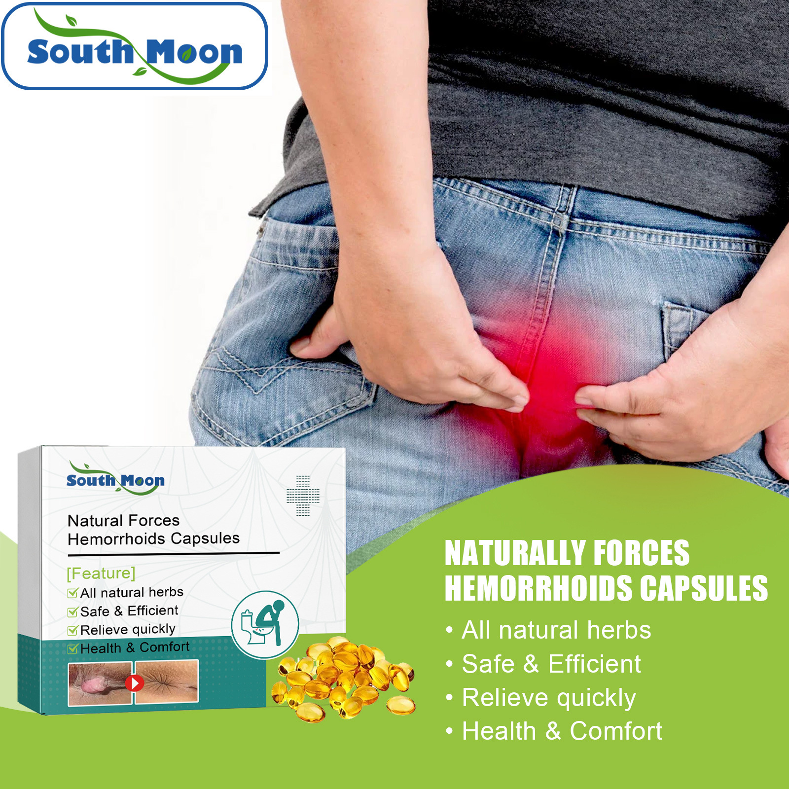South Moon Hemorrhoids Capsules Relieve Perianal Itching, Internal and External Mixed Sore, Anal Soothing Cream, Meat Ball-Removing Hemorrhoids Cream