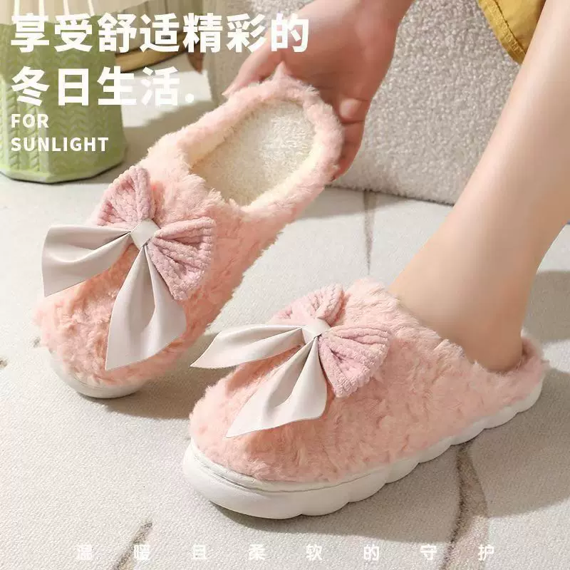 冬季蝴蝶结新款棉拖鞋女毛绒加绒家居棉拖室内保暖厚底情侣月子鞋