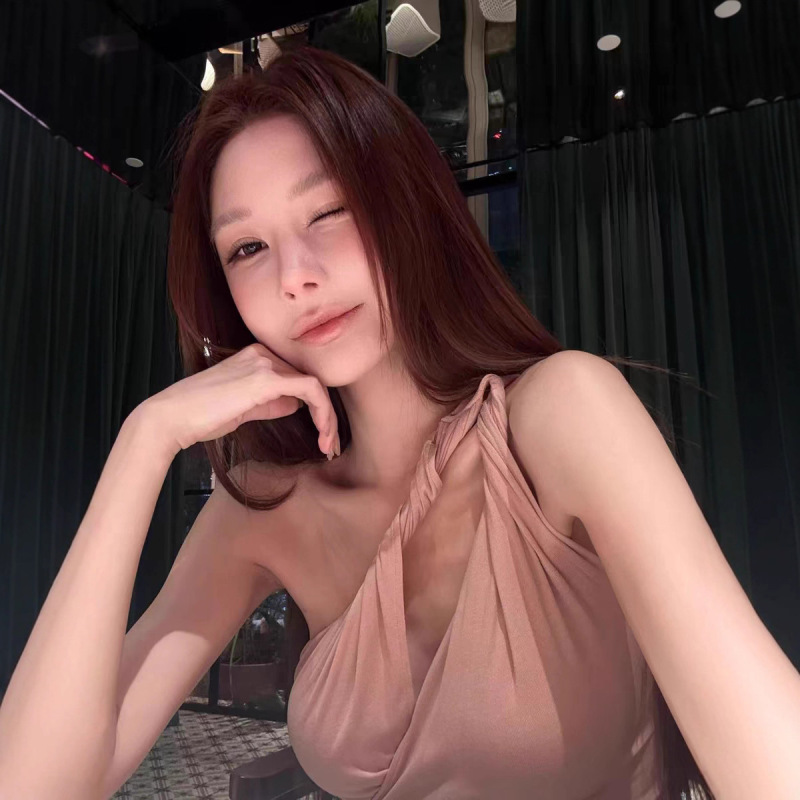 TZ6883粉色扭结镂空斜领单肩背心女新款气质修身辣妹不规则上衣|undefined