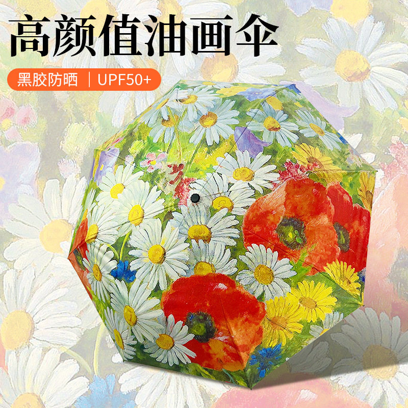 Mori Manual Sunshade Oil Painting Vintage Gift Umbrella Student UV Protection Black Glue Sunny and Rain Dual-Use Sun Umbrella