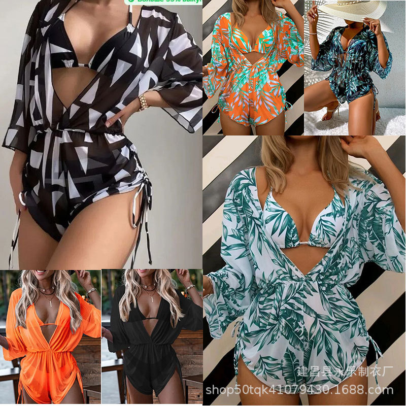 2025 Cross-border European and American Three-Piece Bikini Set with Leaf Print, Waist-cinching Tie, Long-sleeved, Beach Sun Protection