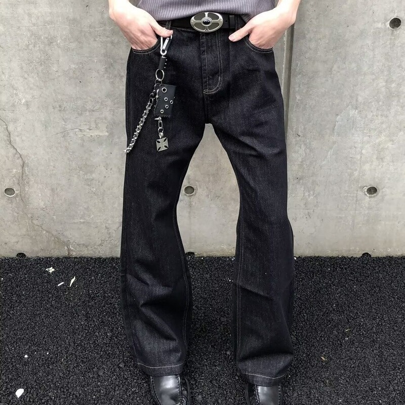 3D Cut Deconstructed Black Jeans for Men, Cleanfit American Retro Straight Loose Fit, Stacked Effect, Slimming Jeans