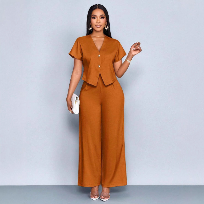 European and American Cross-Border 2026 Summer Short-Sleeve V-Neck Irregular Cardigan Straight Wide-Leg Pants Plus-Size Casual Two-Piece Set European and American Cross-Border 2026 Summer Short-Sleeve V-Neck Irregular Cardigan Straight Wide-Leg Pants Plus-Size Casual Two-Piece Set