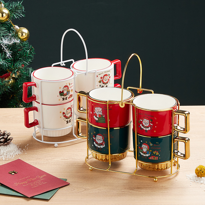 Amazon Venta caliente Navidad taza Taza de cerámica con estante Navidad regalo traje al por mayor