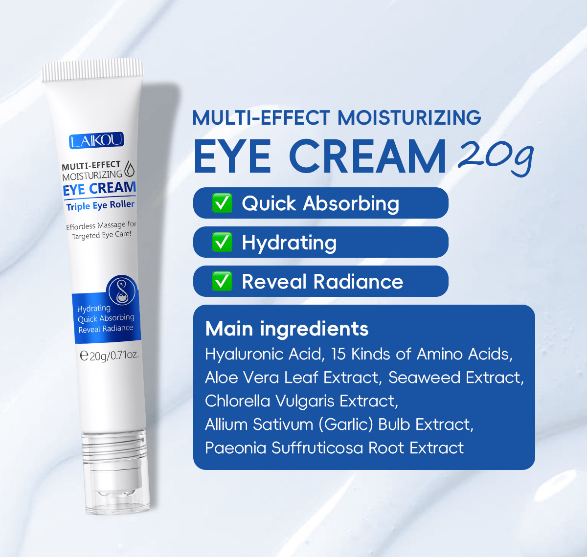 Cross-border LAIKOU Hydrating Roll-on Eye Cream 20g, eye moisturizing and eye care skin care product manufacturer supply undefined