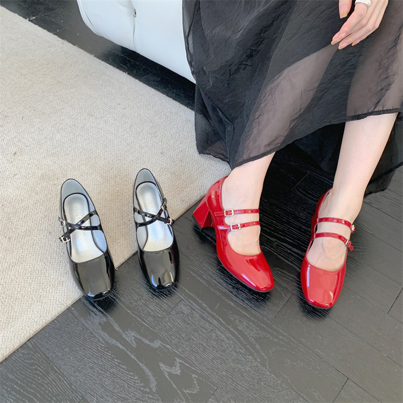 Mary Jane – talons hauts épais à Double sangle pour femmes, simples, à tête carrée, petits rouges, saison printemps et automne 2024_voghion.com