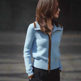 清仓捡漏大牌专柜商场撤回剪标女装撞色翻领拉链针织开衫毛衣外套