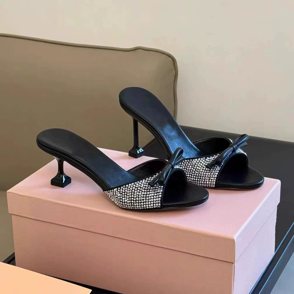 Summer black sandals with bow, bright catchy style