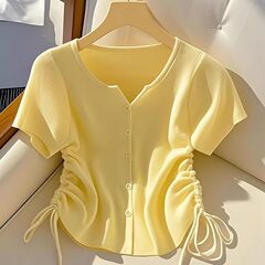 アイスシルクショートファットmmカーディガン巾着半袖Tシャツレディース2025夏シック韓国イエロートップトレンディ