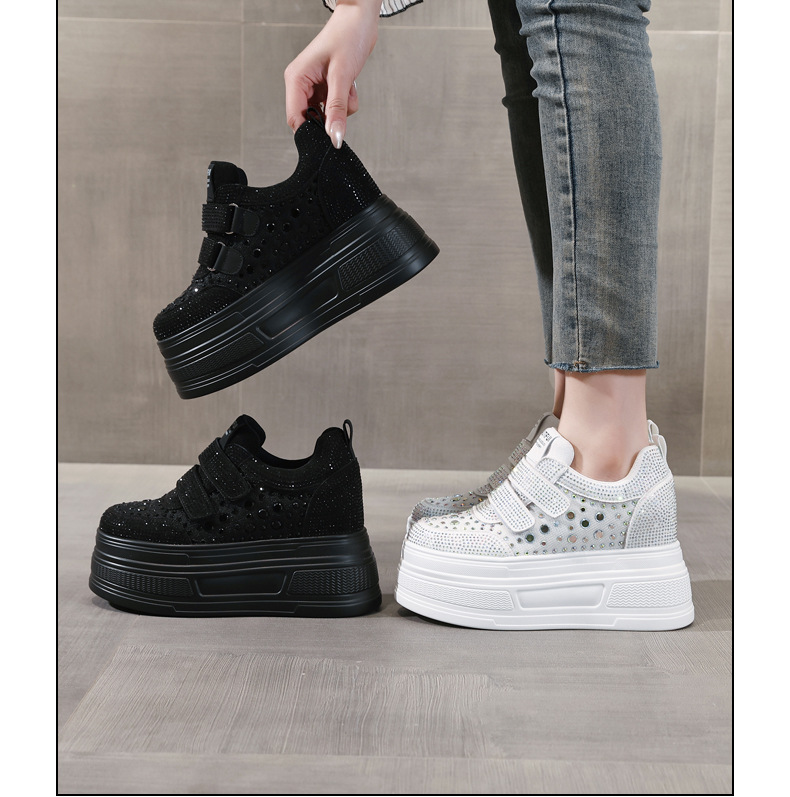 Giày sneaker nữ đế dày mặt lưới đính đá trắng — Màu đen chi tiết 17