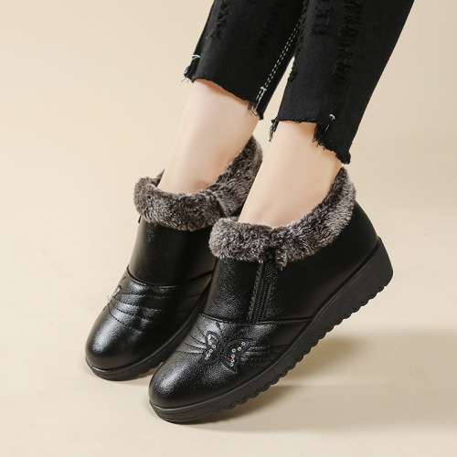 Old Person's Cotton Shoes, Mother's Shoes, Winter Fleece Padding Flat Slip-Resistant Soft Sole Cotton Shoes, Low-Top Leather Cotton Shoes for Middle-Aged and Elderly Women in Winter