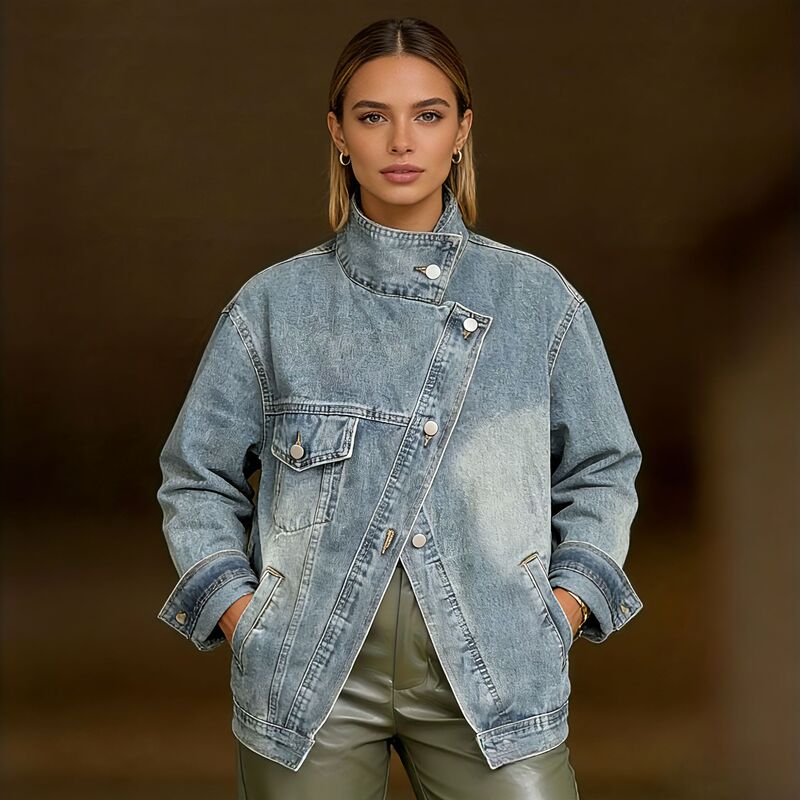 2025 New European and American Cross-Border Amazon Denim Jacket with Irregular Single Pocket Design, Women's Loose Top