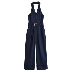 貿易夏バックレスデザインカールストレートパンツベルト付きリネン混ネックワンピース 3345709