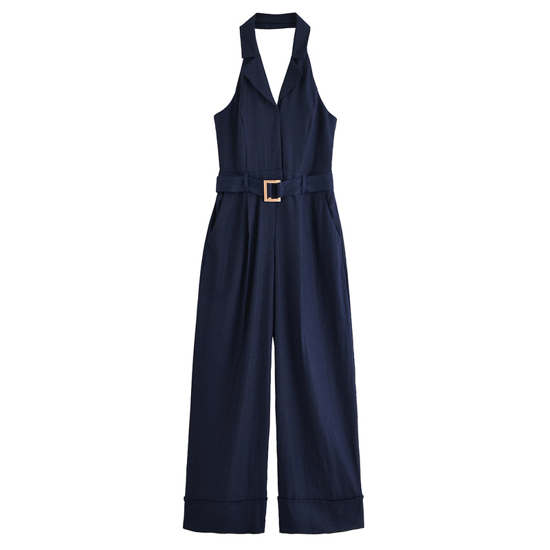 貿易夏バックレスデザインカールストレートパンツベルト付きリネン混ネックワンピース 3345709|undefined