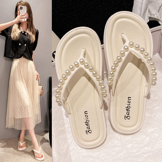 Pearl Flip-Flops Women's Summer Wear Clip-toe Sandals French Low Heel Beach Roman Niche New Sandals
