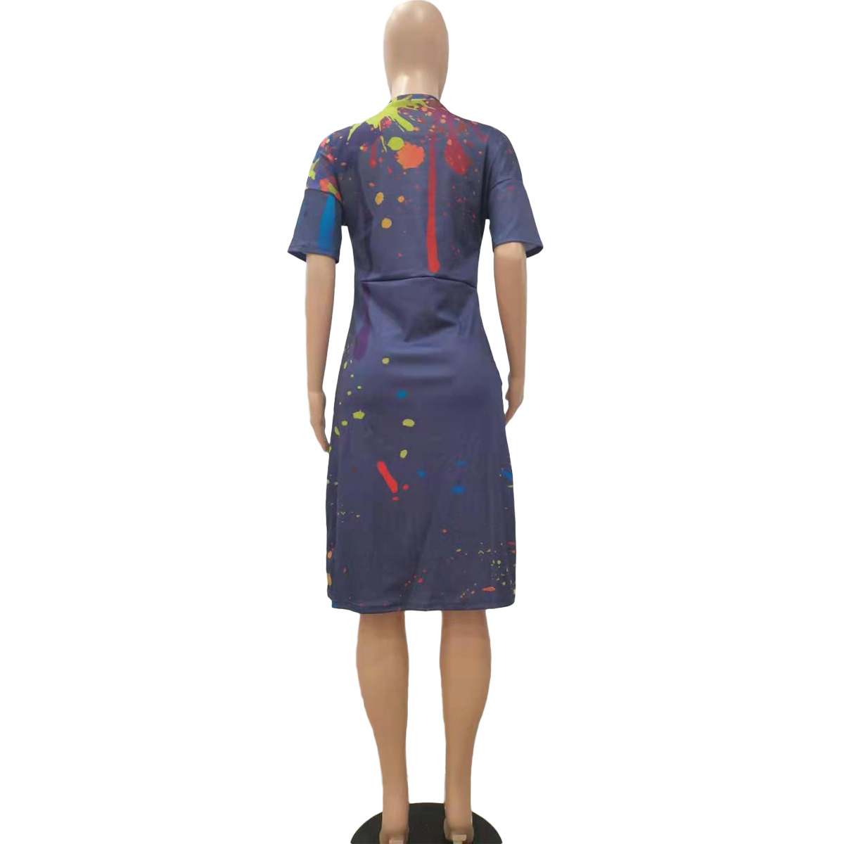 Loose Splashed Ink Printing V neck Casual Dress with Pocket