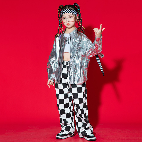 Children kids silver leather glitter jazz dance costumes rapper street hiphop dance outfits model show plaid performance catwalk clothing for boy girls