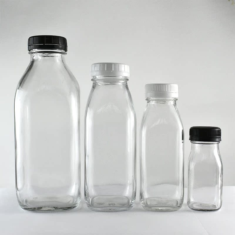 Square cone milk tea glass bottle anti-counterfeiting plastic cover 250ml300ml1000ml juice coffee beverage fresh milk bottle