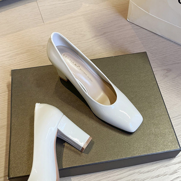 Giày cao gót nữ mũi vuông gót dày da sáng chế thanh lịch công sở, gót 6–8 cm — Màu trắng nhạt, rượu vang đỏ, đen