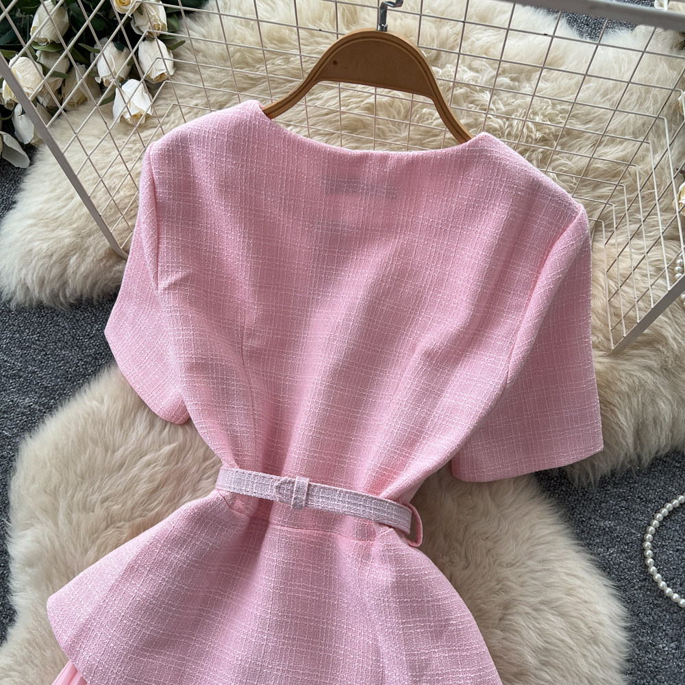 Inspired Pink A-Line Dress Short Sleeved High Waisted Fitted Long Skirt Luxurious Feel Women's Clothing_ecoleips.com