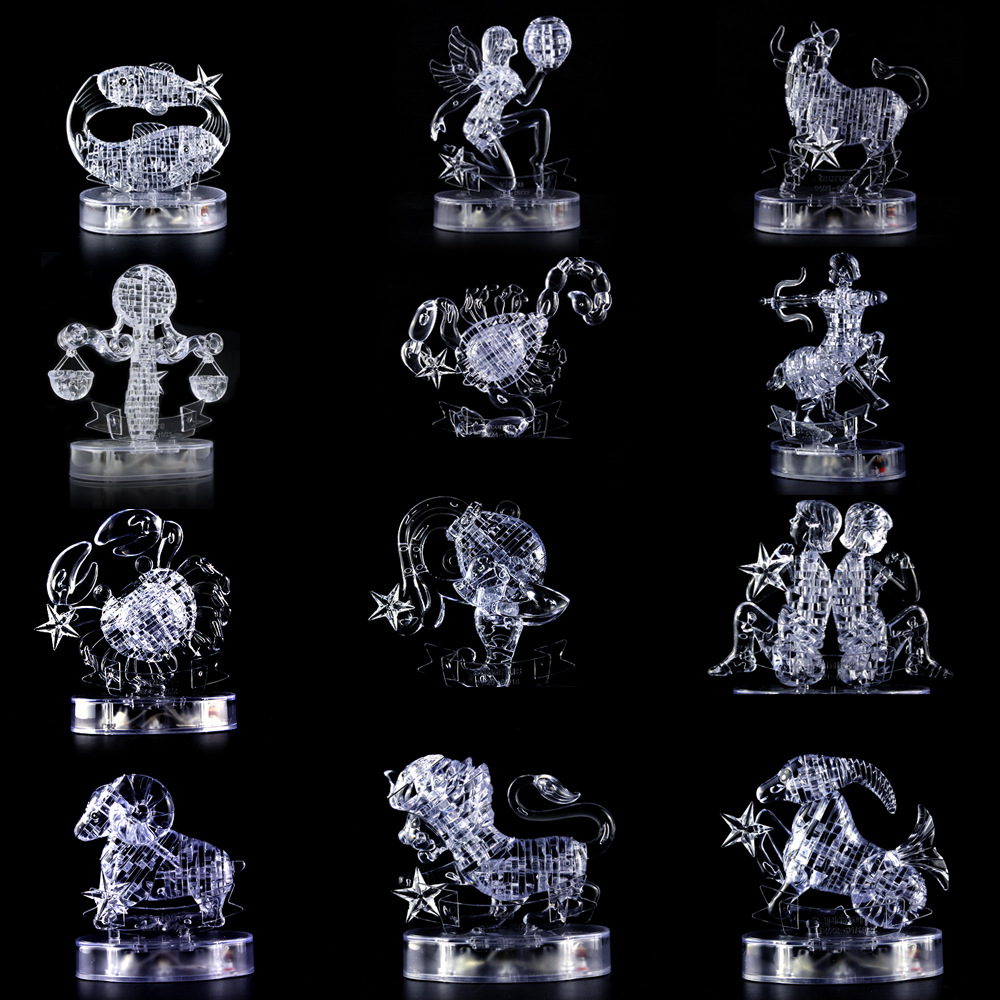 跨境 水晶拼图 DIY积木益智玩具自装灯光 十二星座3D水晶积木