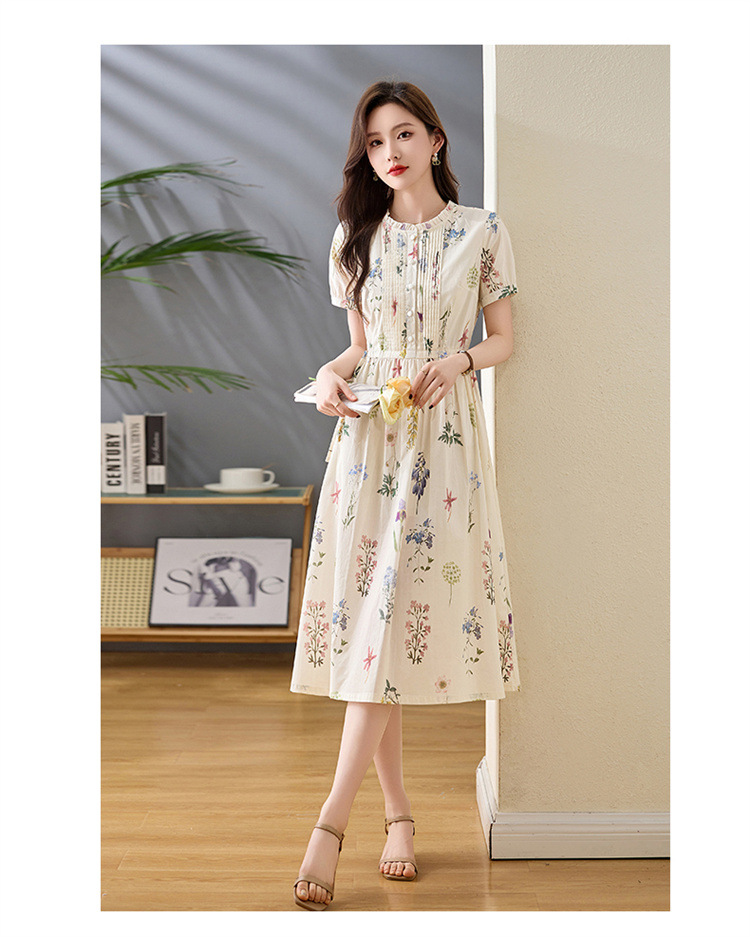 Váy liền hoa nhí cotton thắt eo tay ngắn mùa hè 2025 NI2807 — Hoa gạo chi tiết 13