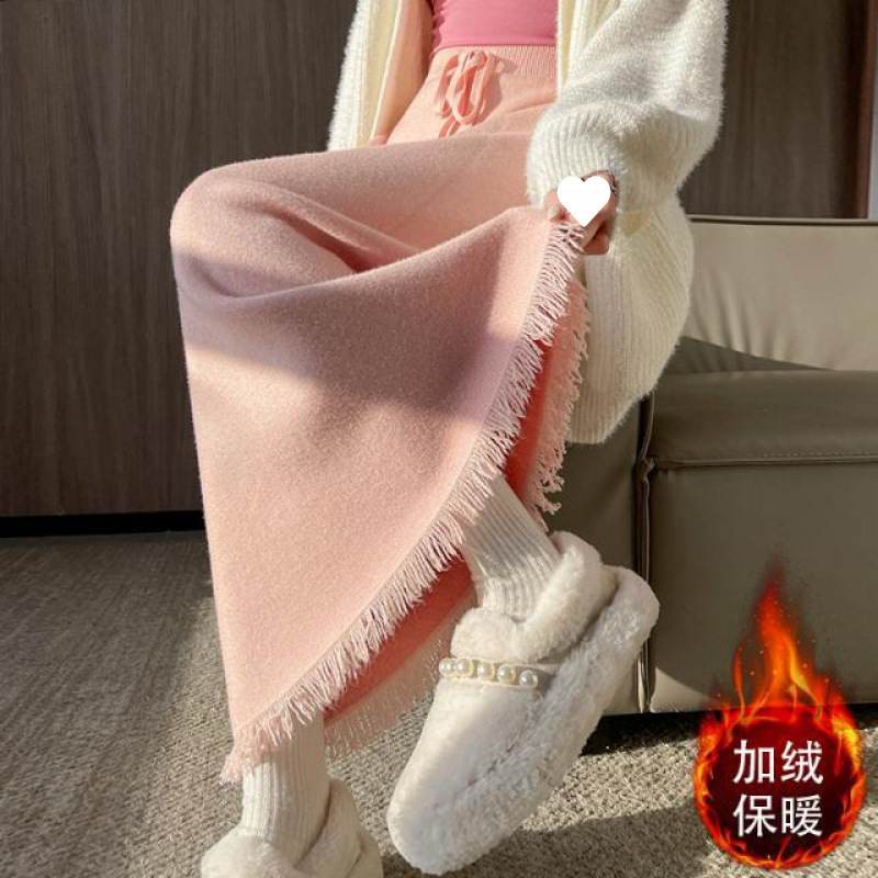 2025 新しいベルベット肥厚ピンクニットスカート女性のタッセル A ラインストレートスカートハイウエストヒップスカートトレンディ|undefined