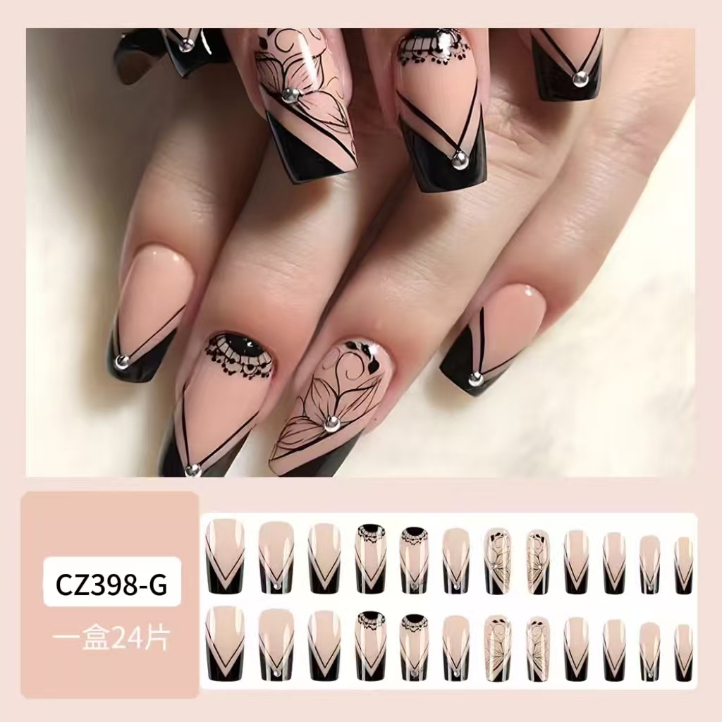 Ropa de uñas de venta caliente larga de comercio exterior, patrón francés geométrico negro, uñas de diamantes, uñas postizas europeas y americanas