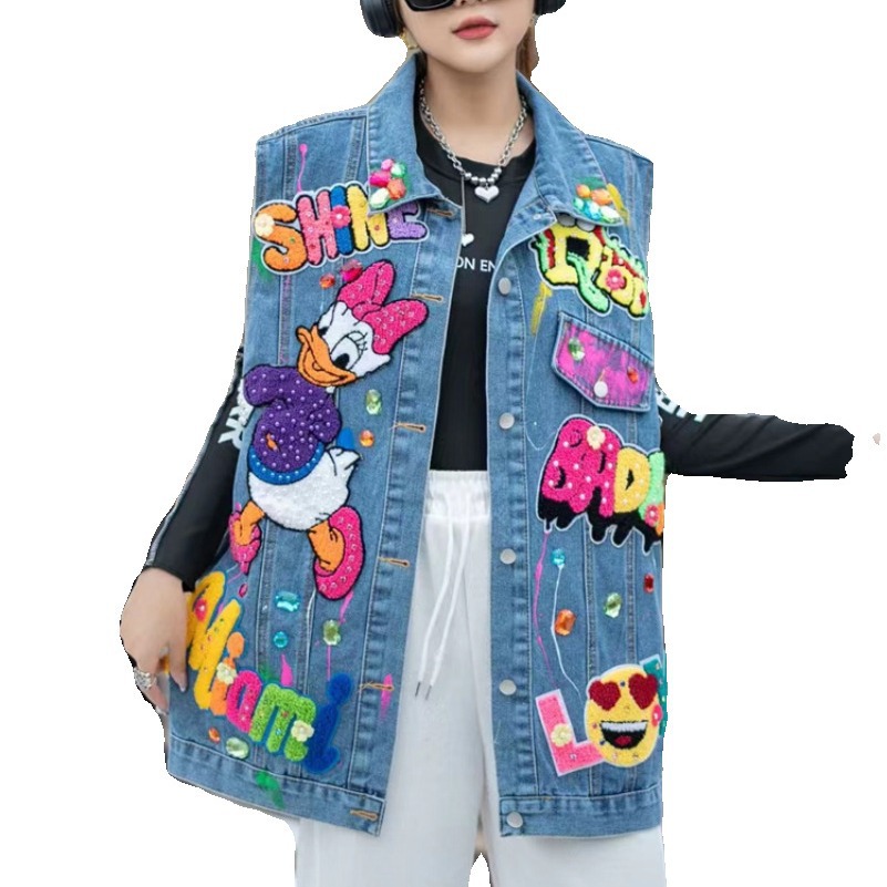 Tailandia moda marca 2024 primavera nueva industria pesada diamante con cuentas de dibujos animados Denim coat mujeres diseño sentido chaleco superior image 6