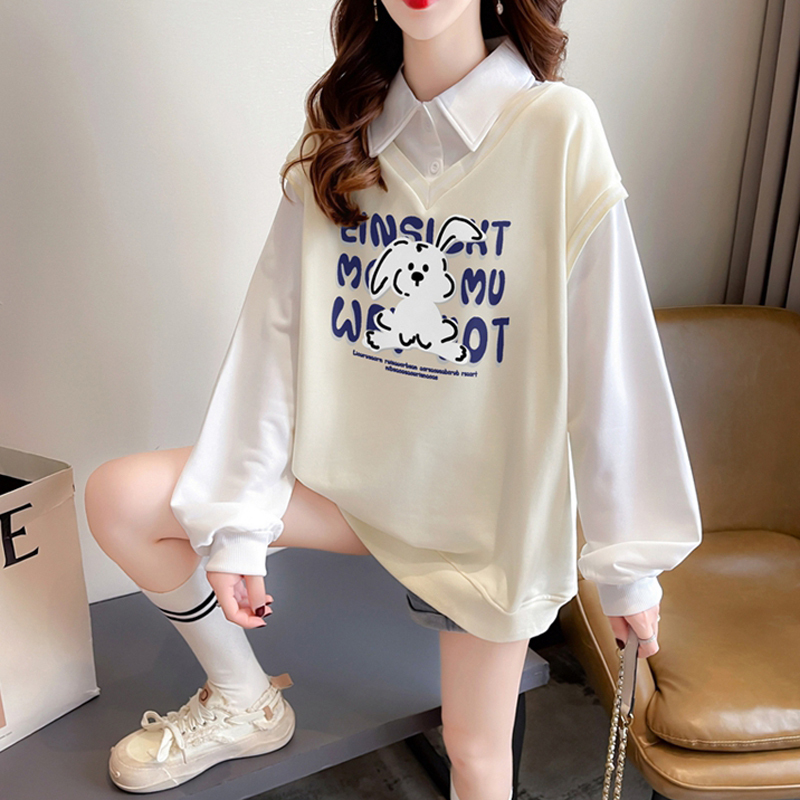 長袖Tシャツ 女の子用 2025年春夏新作 中学生・高校生 カレッジ風 フェイクツーピース 薄手ポロスウェットシャツ|undefined