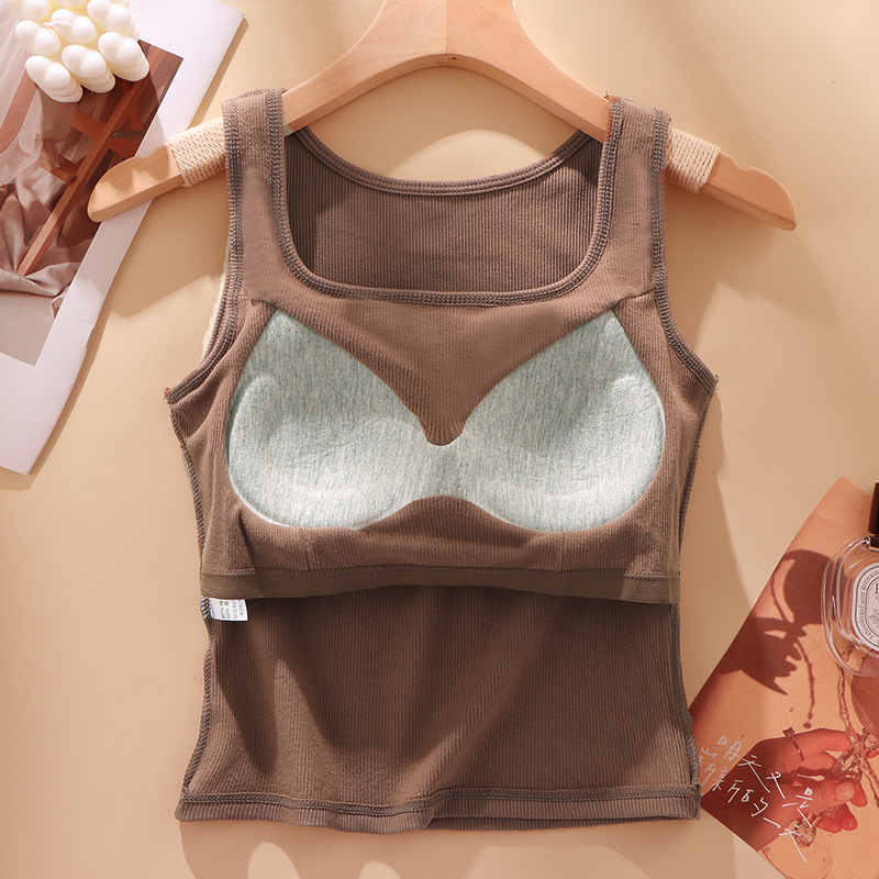 Otoño e invierno chaleco térmico de terciopelo sin costuras taza fija de las mujeres calefacción ropa interior térmica de doble cara cepillado fondo cuadrado cuello superior