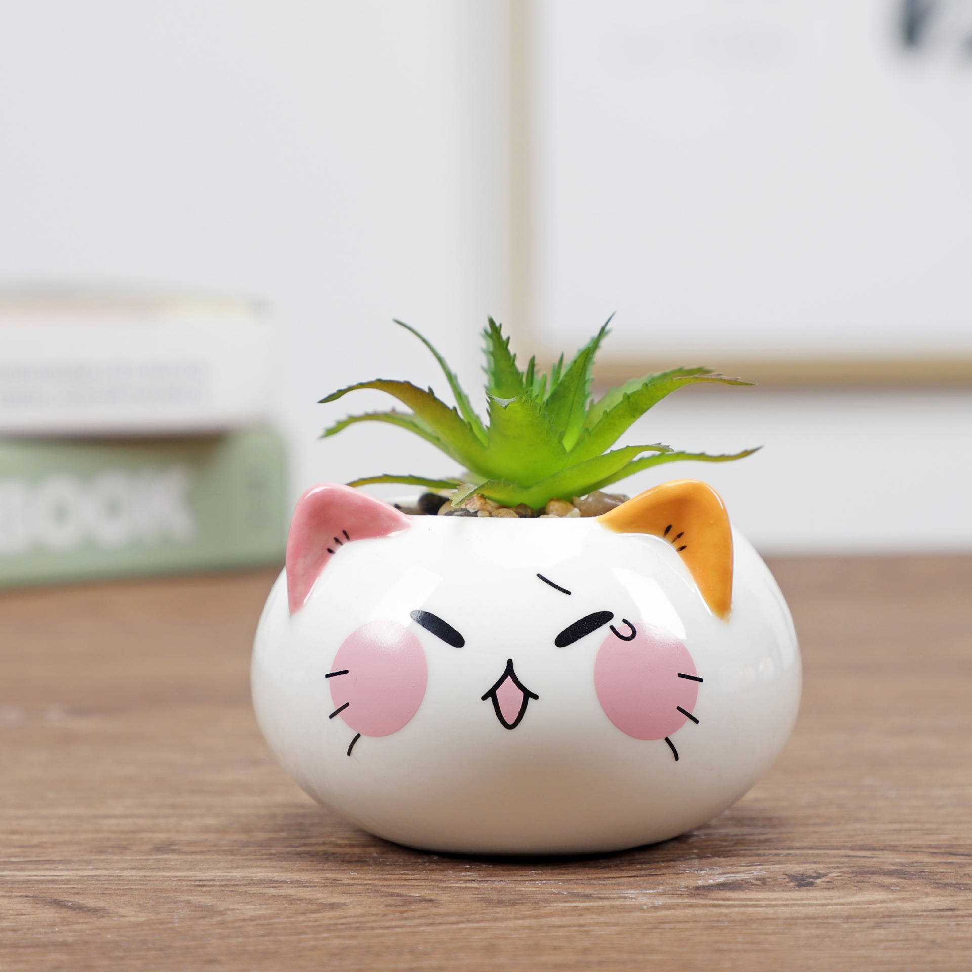 Maceta de cerámica con diseño de planta verde de estilo caricaturesco, adorno de decoración para el hogar, linda figura de animal con infusión de cera, recipiente de aromaterapia para escritorio