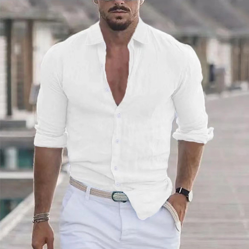 Cross-Border 2023 New Men's Summer Shirt Beach Shirt Long-Sleeved Pure Color Hawaiian Holiday Clothing Cross-Border 2023 New Men's Summer Shirt Beach Shirt Long-Sleeved Pure Color Hawaiian Holiday Clothing