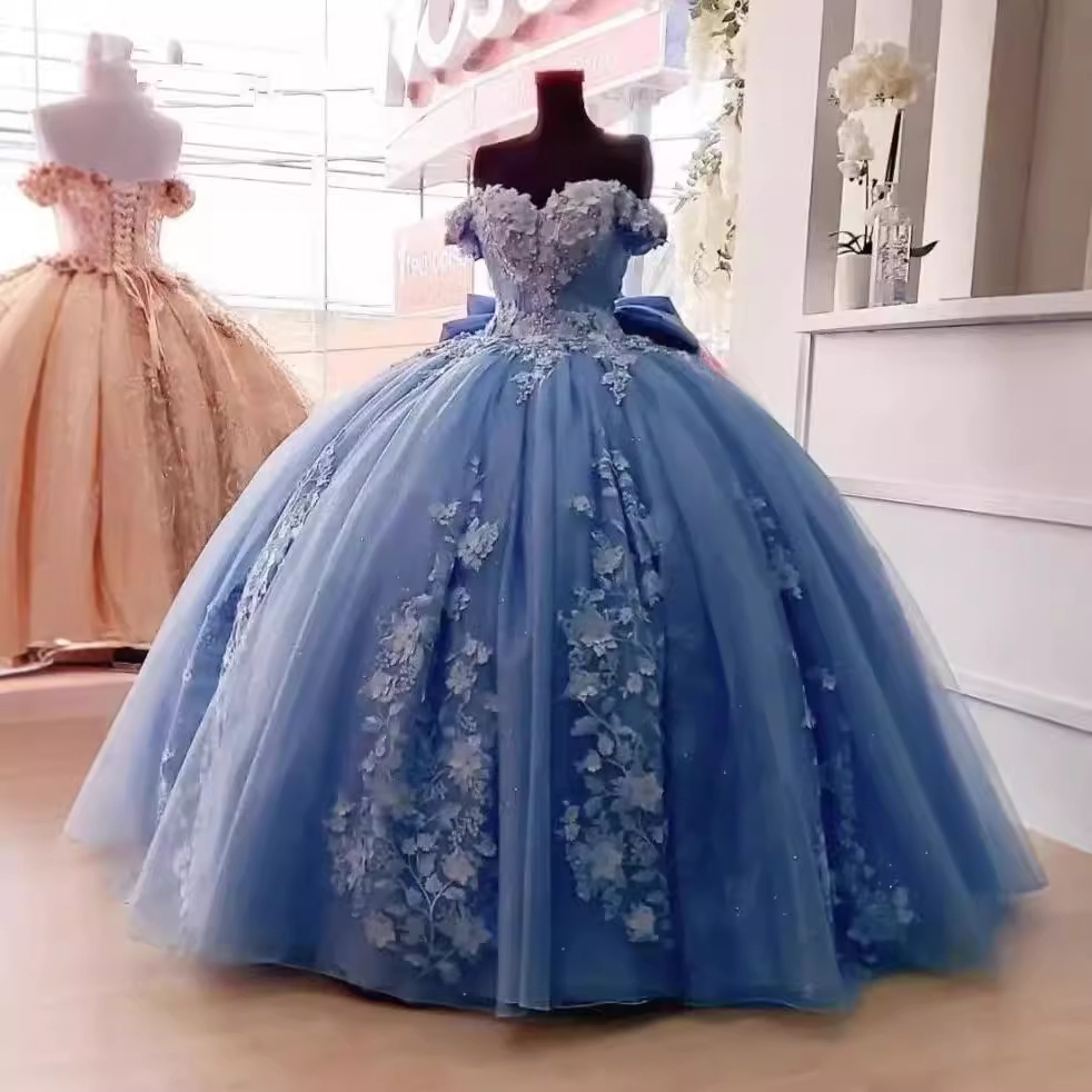 Vestido de gala de la fiesta, vestido de gala de solista, vestido de gala azul, personaje de hombro, personaje de cintura alta, solista, solista.