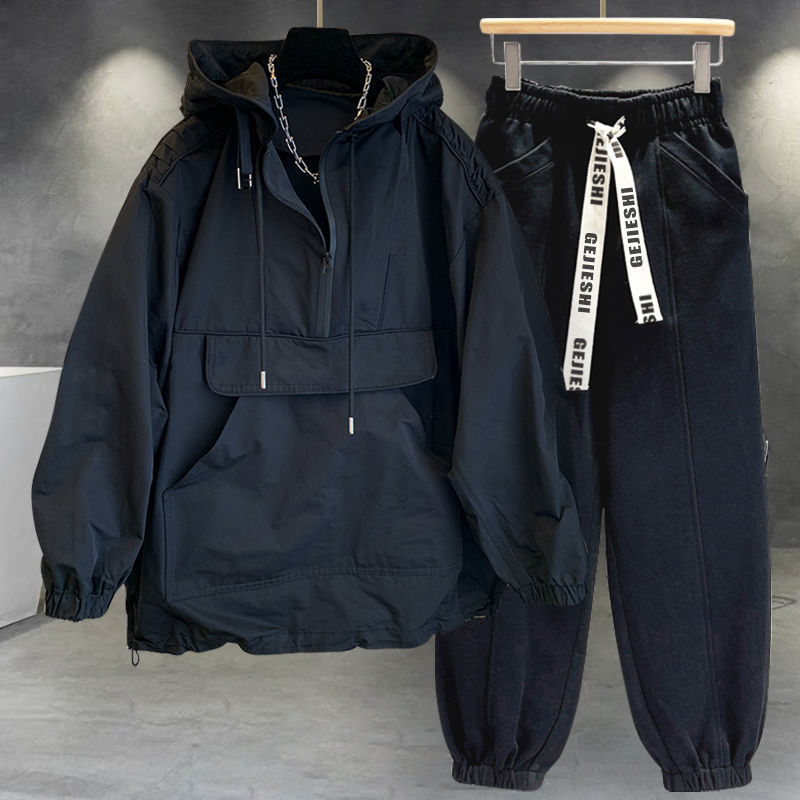 Color sólido chaqueta con capucha traje de los hombres ins moda herramientas costura diseño cazadora manga larga superior a juego suelta