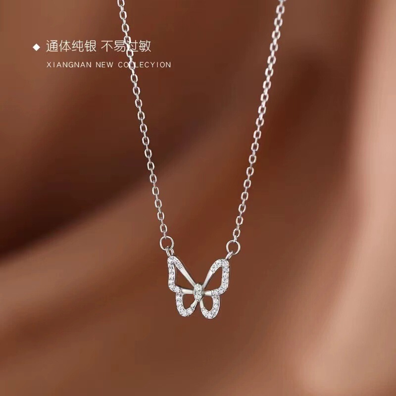 S999 Sterling Silver Foot Silver Butterfly Necklace Women's Light Luxury Ins Cold Style Woolen Chain Trendy Accessories Christmas Gift