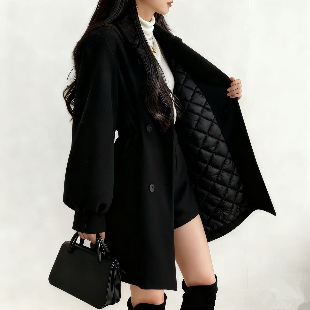 Wholesale In-Stock Autumn and Winter Korean-Style Petite Mid-Length Wool Coat for Women with Lantern Sleeves and a Blazer Collar, Padded Coat