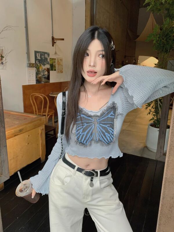 甜辣蝴蝶结长袖针织衫女秋季chic喇叭袖设计感小个子蓝色修身上衣|undefined