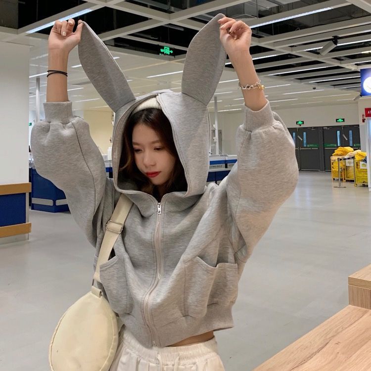 Anti-Pilling 2023 Rabbit Ear Hooded Sweatshirt for Women, Short Gray Loose Casual Style Jacket, 2023 New Model