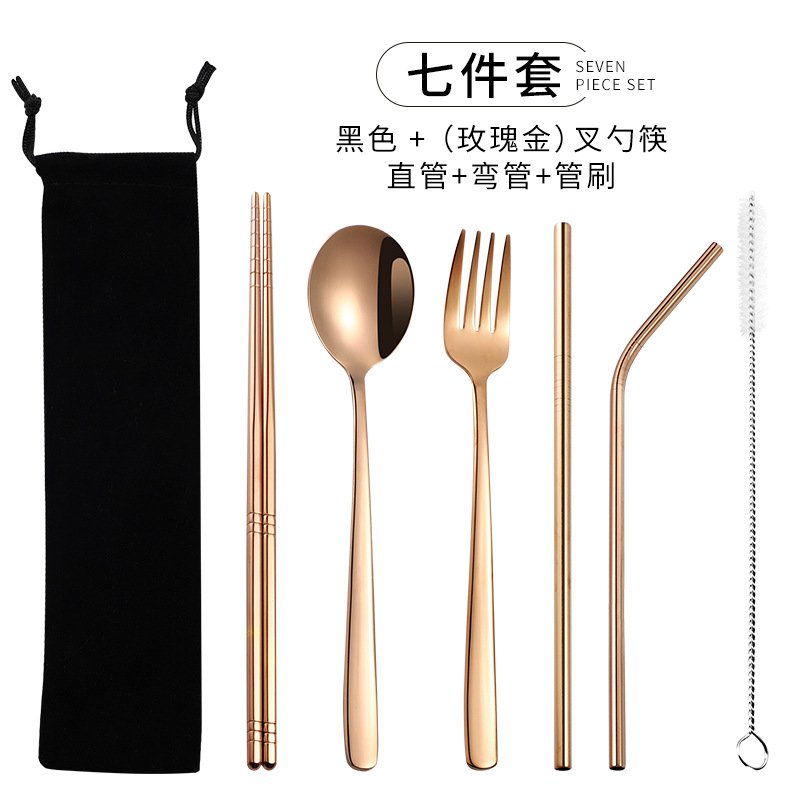Venta caliente transfronteriza 304 paja de acero inoxidable vajilla portátil creativo chapado en oro palillos coreanos cuchara tenedor paja 7 piezas traje