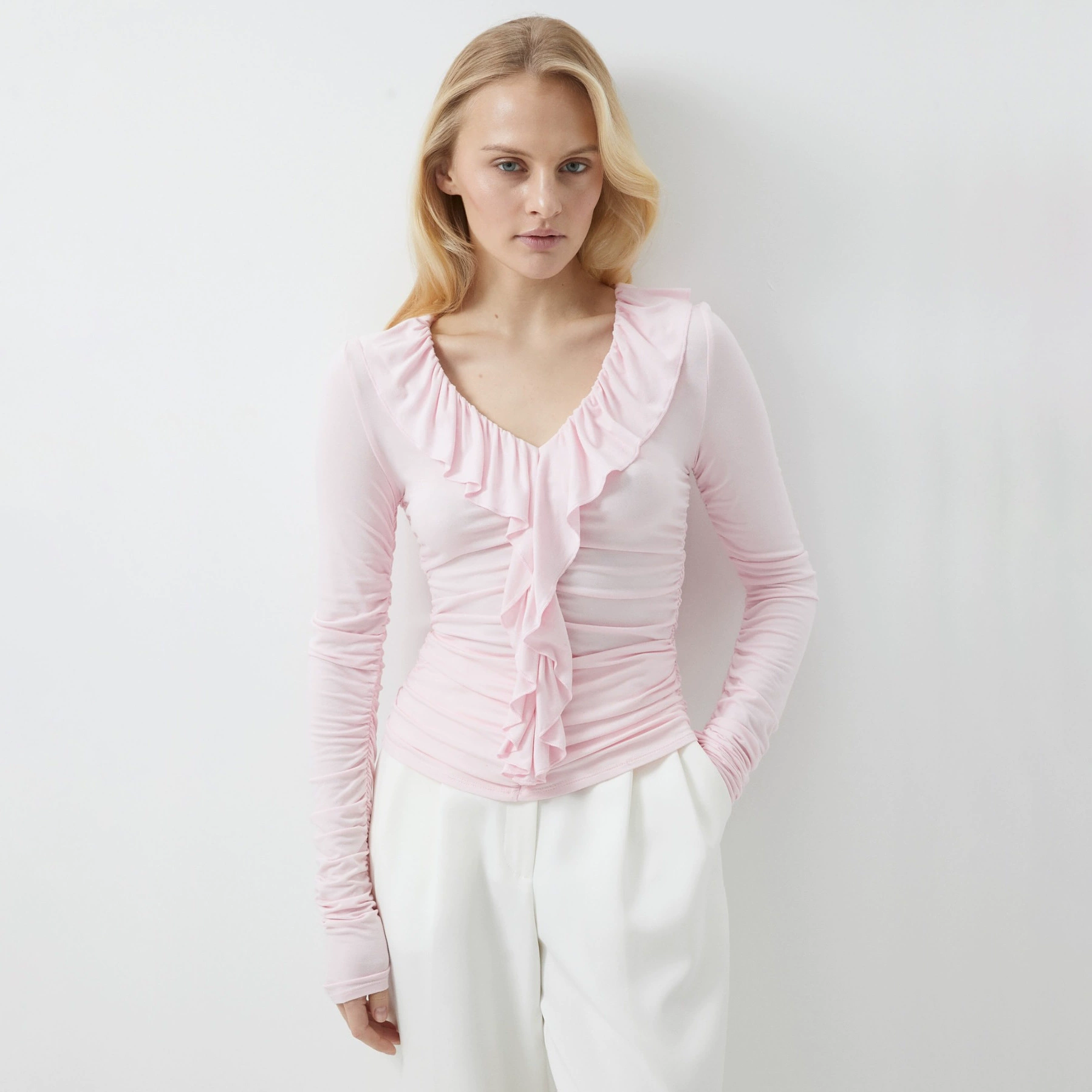 Shiffon design spring three dimensional long-sleeve, V-neckline