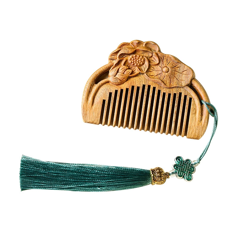 Handheld Carved Sandalwood Comb, Retro Lotus Design with Tassel, Small Gift, 50 g
