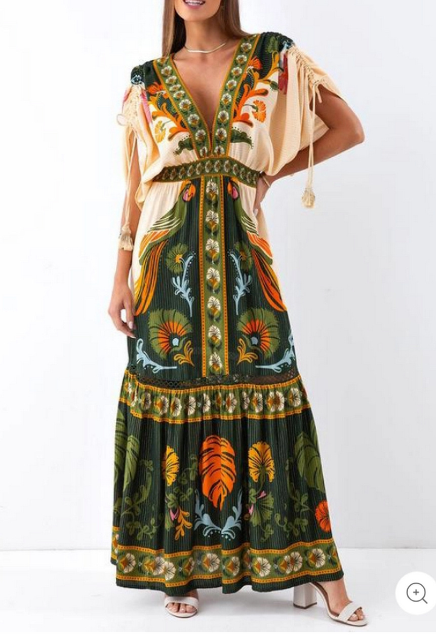 459g Weight Maxi Long Dress Dress Length Type Short Sleeve Sleeve Length Wholesale Women's Casual Vintage Style Ethnic Style Leaves Daily V Neck Short Sleeve Swing Dress