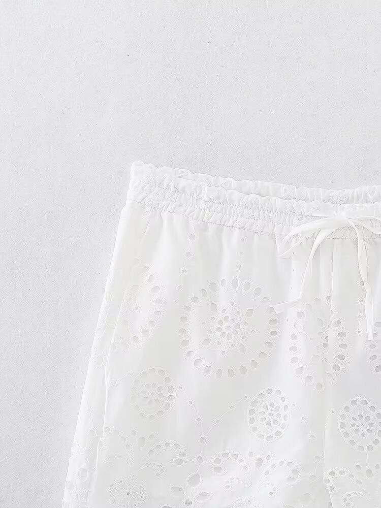 ZARW Self-made Casual Loose Hollow Embroidered Solid Color Top Shorts Set, European And American Style Summer New_ecoleips.com