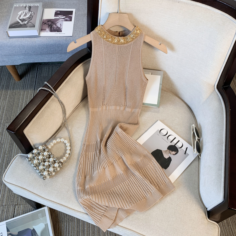 2025 Socialite Style Heavy Beaded Halter Neck Knitted Suspender Dress for Women Summer Sexy Slimming Look Hip Skirt