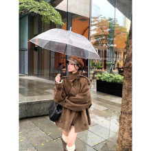 复古咖色翻领长袖风衣外套女秋季美拉德麂皮绒大衣